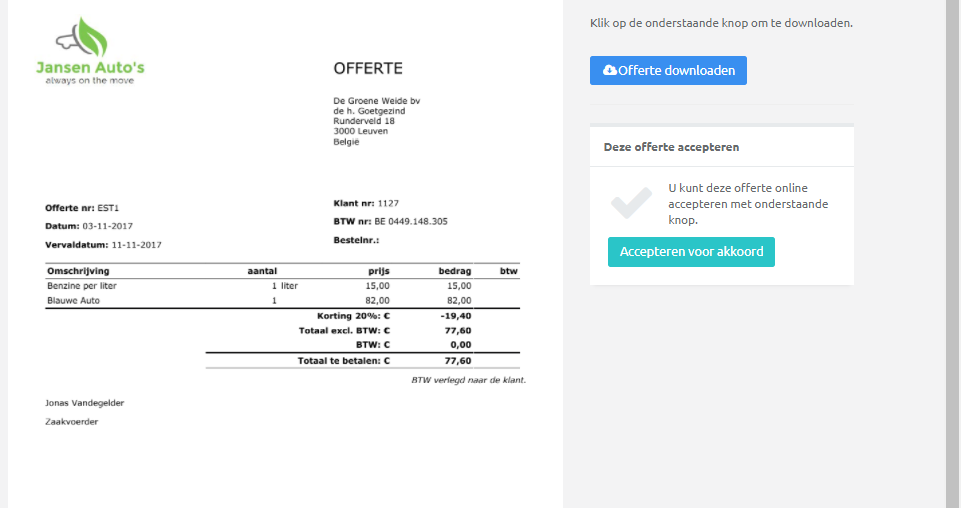 Online een offerte goedkeuren met Bilansoft